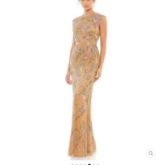Mac Duggal 5229 Womens FLORAL BEADED CAP SLEEVE EVENING GOWN Caramel Size 12 - Picture 2 of 16